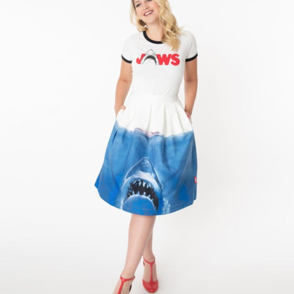 Jaws Horror Movie Poster Jayne Retro Pinup Swing Skirt by Unique Vintage